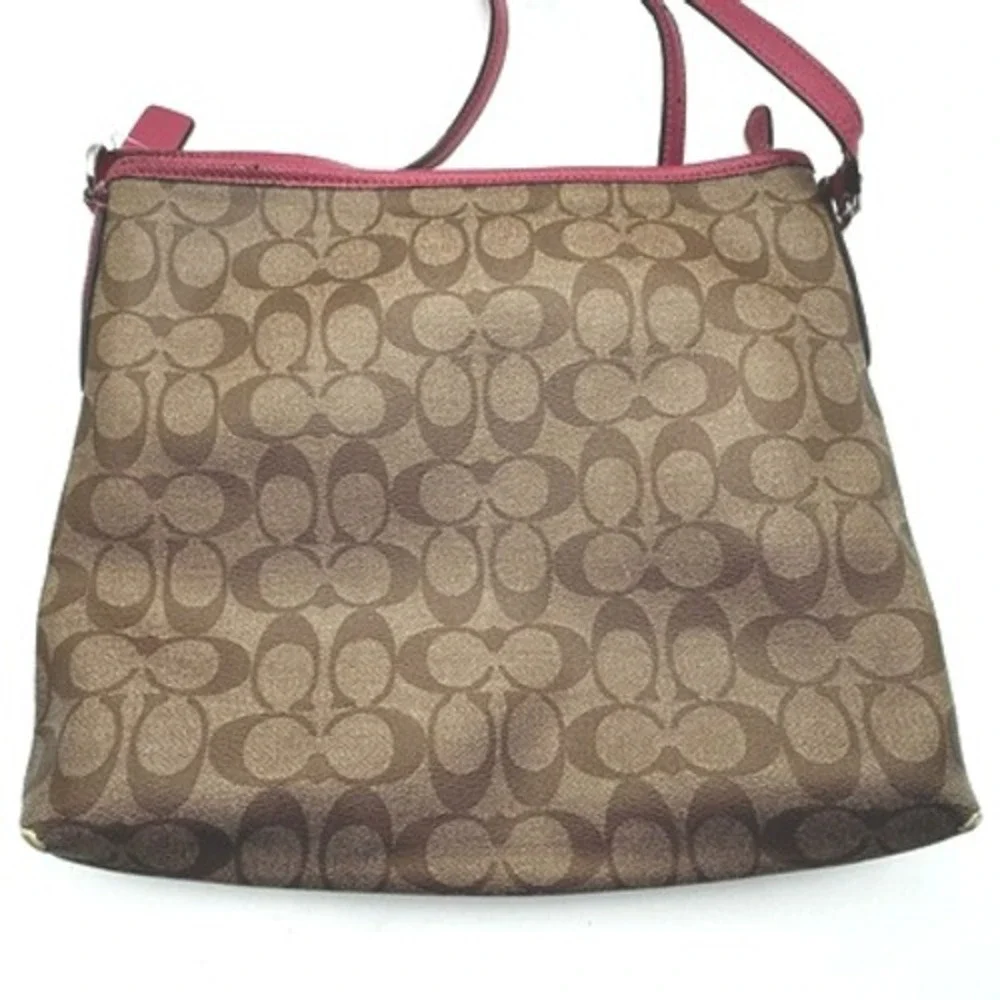 COACH Authentic Signature Shoulder Cross Body Bag Vegan Leather Brown Pink Purse